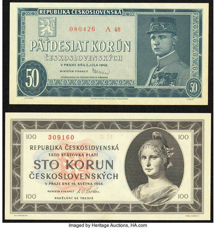 Czechoslovakia Republika Ceskoslovenska 50 Korun 3.7.1948 Pick 66a; 100 Korun 16...