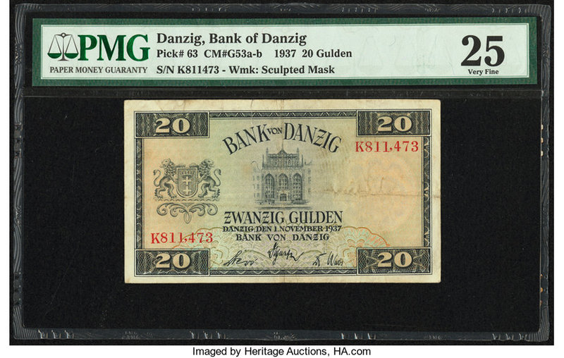 Danzig Bank von Danzig 20 Gulden 1.11.1937 Pick 63 PMG Very Fine 25. Tear.

HID0...