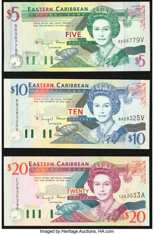 East Caribbean States Central Bank 5; 10; 20 Dollars ND (1994) Pick 31v; 32v; 33...
