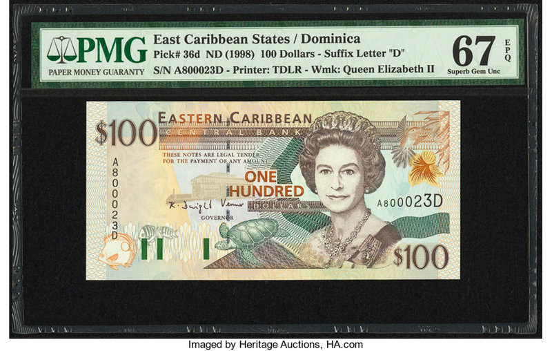 East Caribbean States Central Bank, Dominica 100 Dollars ND (1998) Pick 36d PMG ...