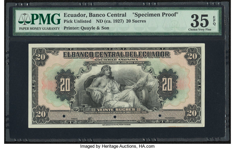 Ecuador Banco Central del Ecuador 20 Sucres ND (ca. 1927) Pick UNL Specimen Proo...