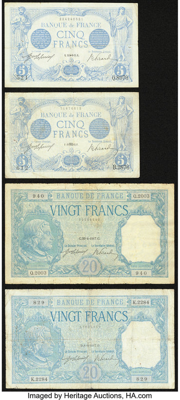 France Banque de France 5 Francs 1912-17 Pick 70 (2); 20 Francs 26.4.1917 and 8....