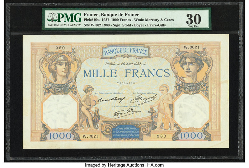 France Banque de France 1000 Francs 26.8.1937 Pick 90a PMG Very Fine 30. 

HID09...