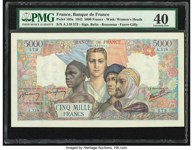 France Banque de France 5000 Francs 8.10.1942 Pick 103a PMG Extremely Fine 40. P...