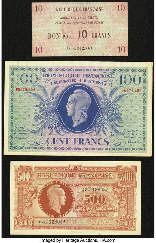 France Republique Francaise Tresor Central 100 Francs 2.10.1943 Pick 105; 500 Fr...