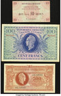 France Republique Francaise Tresor Central 100 Francs 2.10.1943 Pick 105; 500 Francs ND (1944) Pick 106; Ministere De La Guerre 10 Francs ND (1945) Ca...