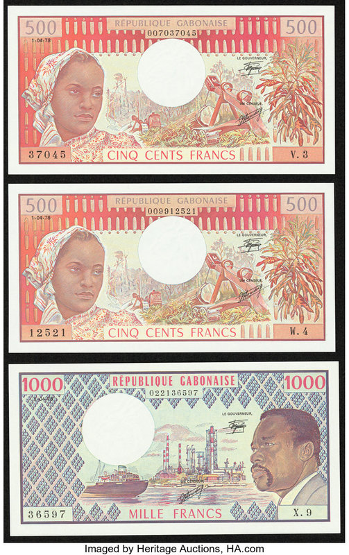 Gabon Banque des Etats de l'Afrique Centrale 500; 500; 1000 Francs 1.4.1978 Pick...