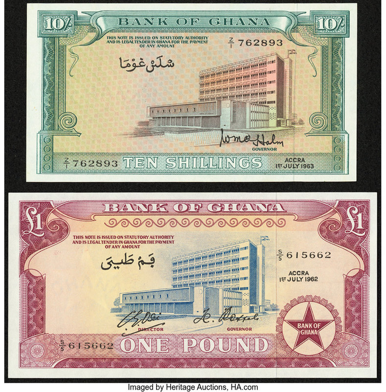 Ghana Bank of Ghana 10 Shillings 1.7.1963 Pick 1d; 1 Pound 1.7.1962 Pick 2d Cris...