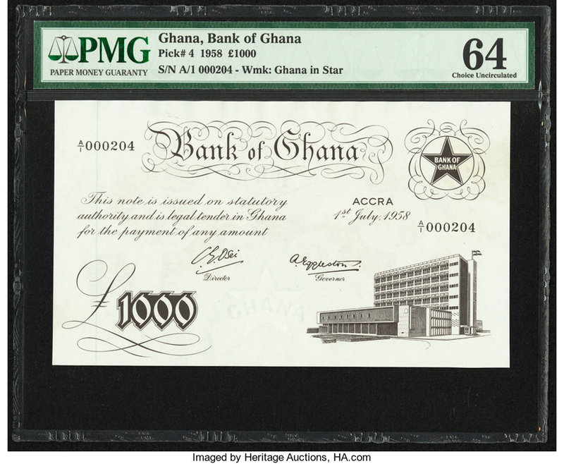 Ghana Bank of Ghana 1000 Pounds 1.7.1958 Pick 4 PMG Choice Uncirculated 64. 

HI...