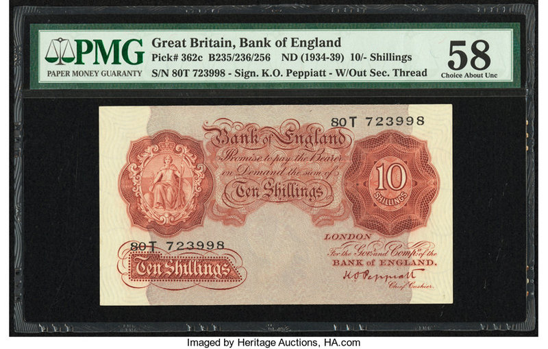 Great Britain Bank of England 10 Shillings ND (1934-39) Pick 362c PMG Choice Abo...