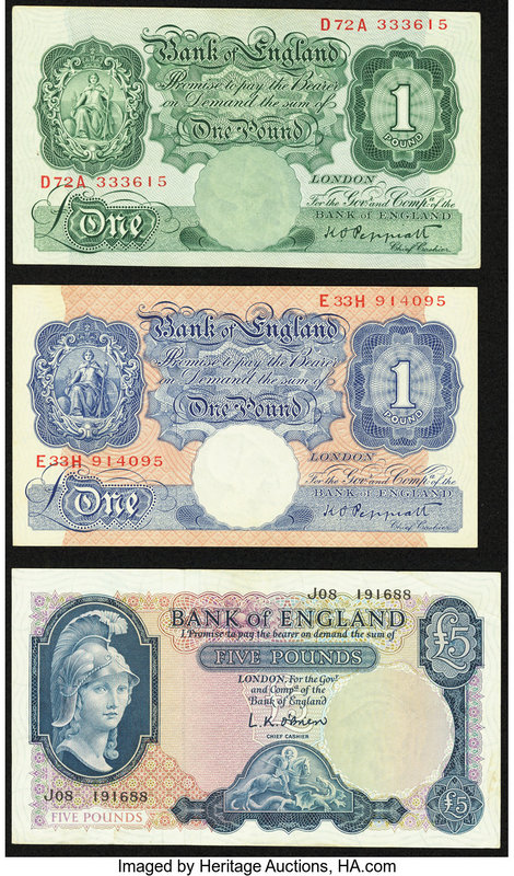 Great Britain Bank of England 1 Pound ND (1940-48) Pick 367a; ND (1948-49) Pick ...