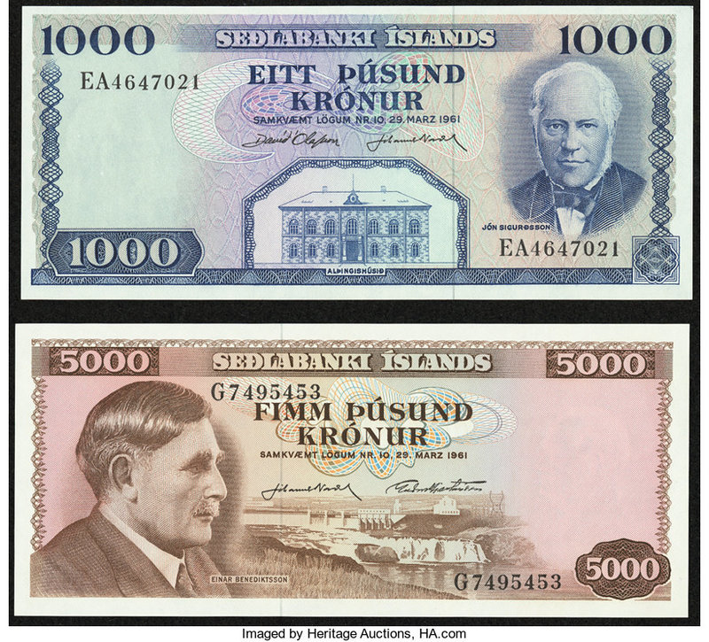 Iceland Sedlabanki Islands 1,000; 5,000 Kroner L. 1961 Pick 46a; 47a Choice Cris...