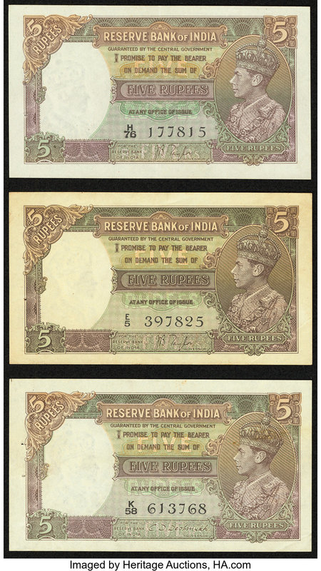 India Reserve Bank of India 5 Rupees ND (1937) Pick 18a Jhun4.3.1 (2); ND (1943)...