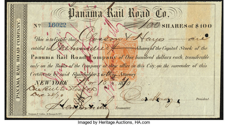 Panama Rail Road Company Stock Certificate 100 Shares Nov. 18, 1870 Very Fine. P...