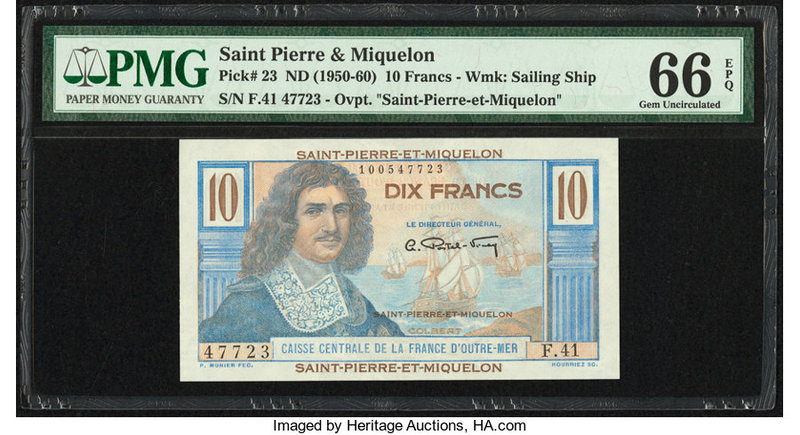 Saint Pierre and Miquelon Caisse Centrale de la France d'Outre Mer 10 Francs ND ...