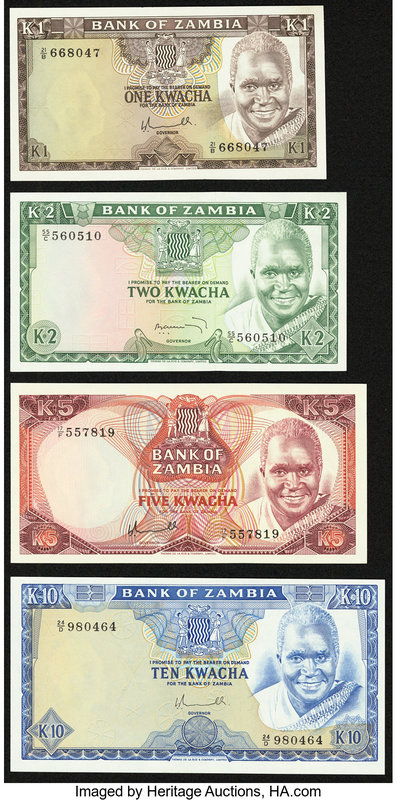 Zambia Bank of Zambia 1 Kwacha ND (1976) Pick 19a; 2 Kwacha ND (1974) Pick 20a; ...