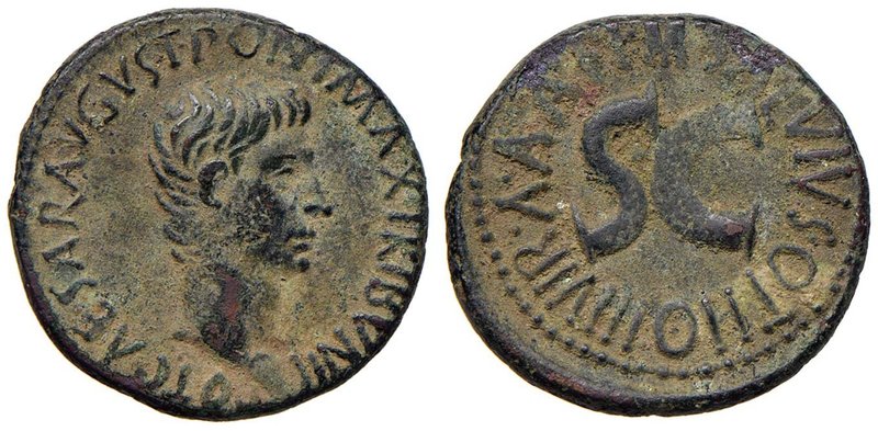 Augusto (27 a.C.-14 d.C.) Asse - Testa a d. - R/ SC nel campo - RIC 431 AE (g 11...