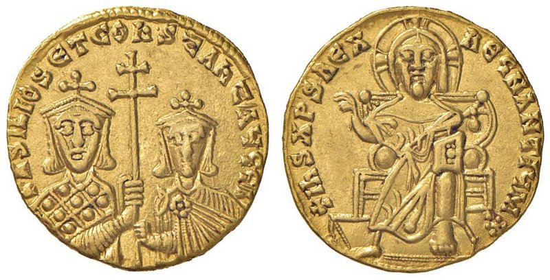 BISANZIO Basilio I (867-886) Solido - Cristo in trono di fronte - R/ Busti di fr...