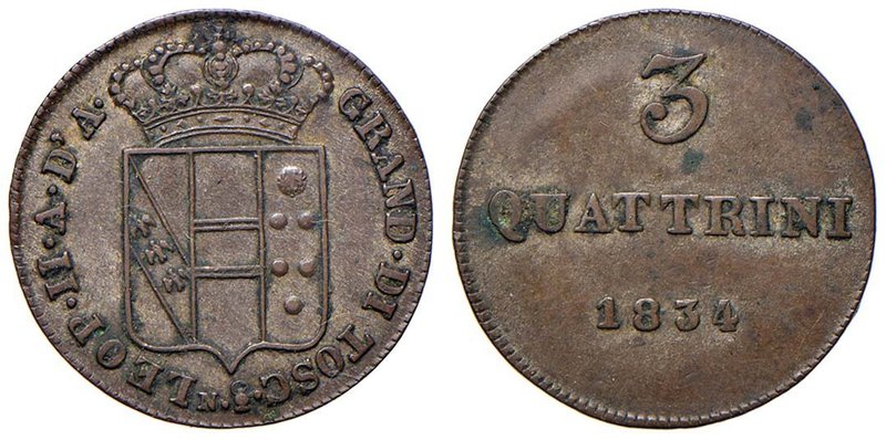 FIRENZE Leopoldo II di Lorena (1824-1859) 3 quattrini 1834 - GIG 80 CU (g 2,20)...