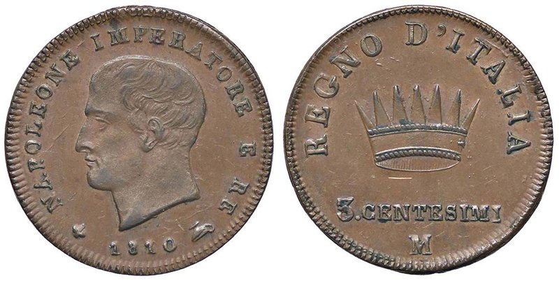 MILANO Napoleone I (1805-1814) 3 Centesimi 1810 M - Gig. 225 CU (g 6,25)
SPL+
