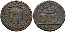 NAPOLI Ferdinando IV (1759-1816) 5 Tornesi 1798 con P sopra i rami - Magliocca 297 CU (g 13,19)
BB