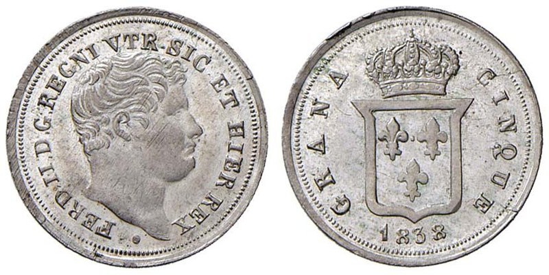 NAPOLI Ferdinando II (1830-1859) 5 Grana 1838 - Magliocca 657 AG (g 1,14) Cartel...