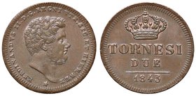 NAPOLI Ferdinando II (1830-1859) 2 Tornesi 1843 - Magliocca 735 CU (g 6,58) Tracce di rame rosso, piccoli colpetti al bordo
qFDC
