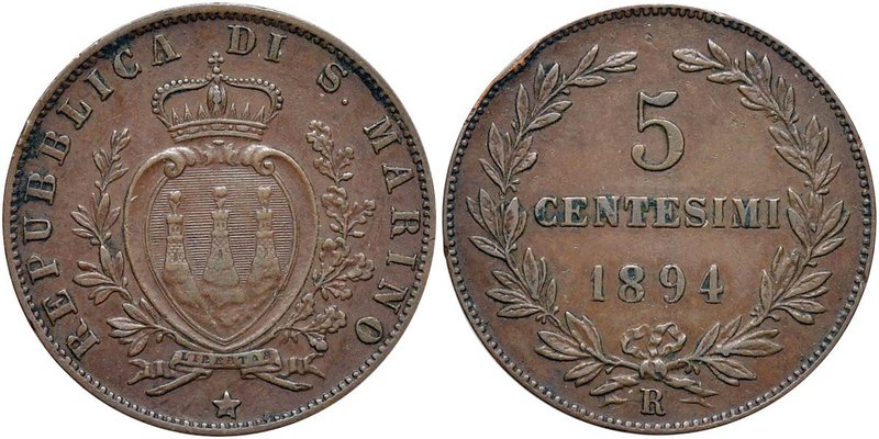 SAN MARINO 5 Centesimi 1894 - Gig. 39 CU (g 5,00) Colpo al bordo
BB