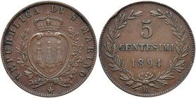 SAN MARINO 5 Centesimi 1894 - Gig. 39 CU (g 5,00) Colpo al bordo
BB