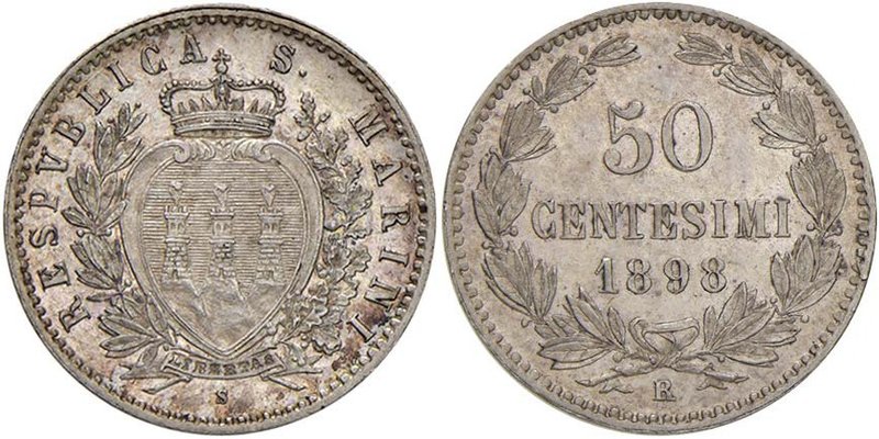 SAN MARINO 50 Centesimi 1898 - Gig. 29 AG (g 2,50) R Bellissima patina.
FDC