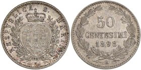 SAN MARINO 50 Centesimi 1898 - Gig. 29 AG (g 2,50) R Bellissima patina.
FDC