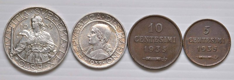 SAN MARINO 5 e 10 Centesimi e 5 e 10 Lire 1935 - CU AG Lotto di quattro monete
...