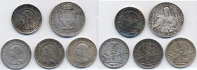 SAN MARINO lotto di una moneta di 10 lire e quattro monete di 5 lire in argento
MB-BB