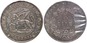 VENEZIA Governo Provvisorio (1848-1849) 5 Lire 1848 - Gig. 2 AG Sigillato SPL+ da Cavaliere
SPL+
