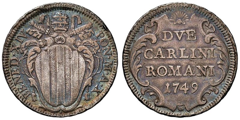 Benedetto XIV (1740-1758) 2 Carlini 1749 A. X - MI (g 5,45) Bella patina
qSPL