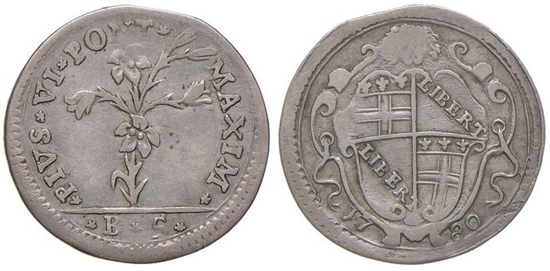 Pio VI (1774-1799) Bologna - Carlino da 5 bolognini 1780 - Munt. 230b AG (g 1,29...