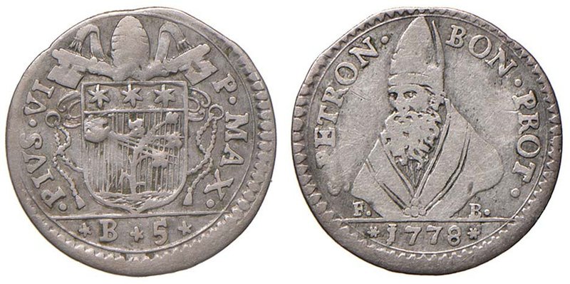 Pio VI (1774-1799) Bologna - Carlino da 5 bolognini 1778 - Munt. 229 AG (g 1,28)...