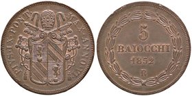 Pio IX (1846-1870) 5 Baiocchi 1852 R A. VI - Nomisma 767 CU (g 39,13) Colpi al bordo
qFDC