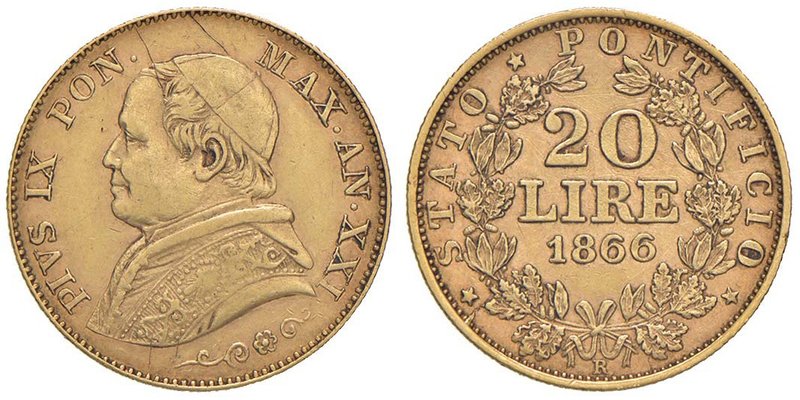 Pio IX (1846-1870) 20 Lire 1866 A. XXI - Nomisma 626 AU (g 6,46) Graffi al D/
B...