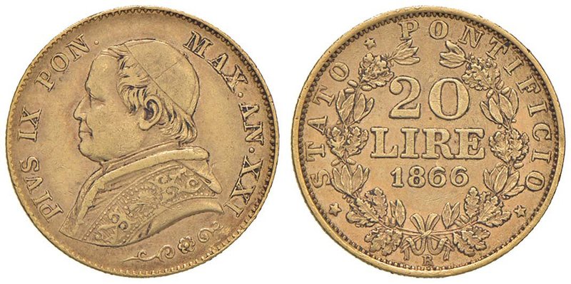 Pio IX (1846-1870) 20 Lire 1866 A. XXI - Nomisma 626 AU (g 6,45)
BB