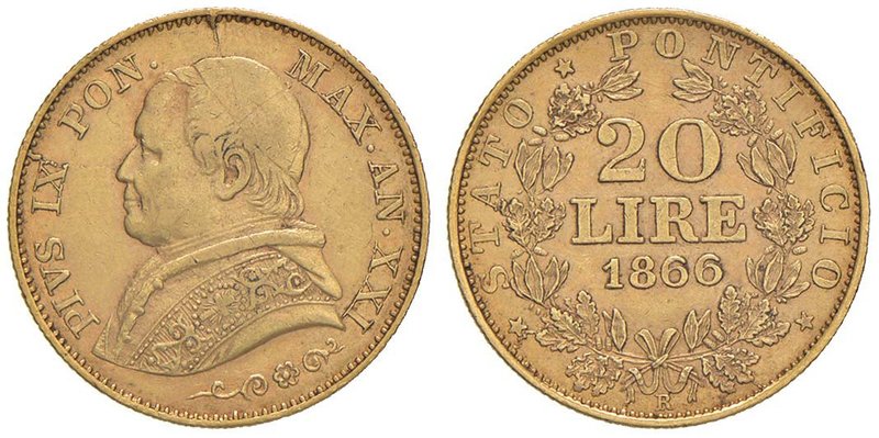 Pio IX (1846-1870) 20 Lire 1866 A. XXI - Nomisma 626 AU (g 6,46)
BB