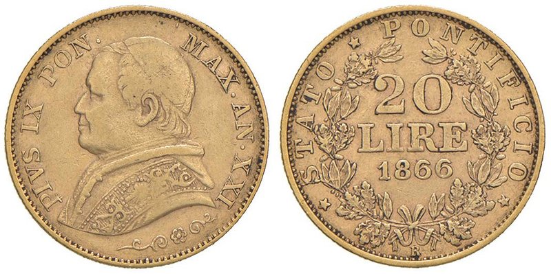 Pio IX (1846-1870) 20 Lire 1866 A. XXI - Nomisma 626 AU (g 6,44)
BB