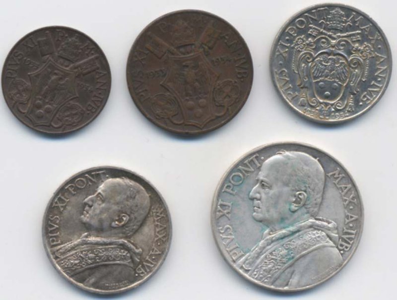 PIO XI (1929-1939) 5,10,20 centesimi 5 e 10 lire 1933 Giubileo CU/NI/AG Lotto di...