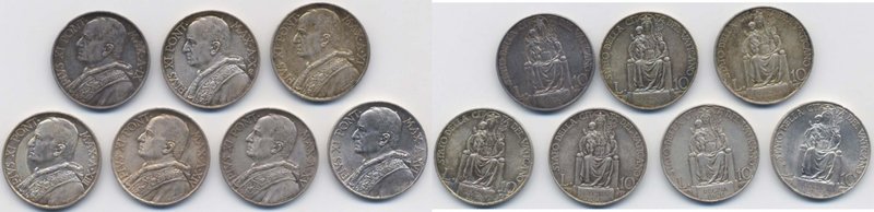 VATICANO lotto di sette monete di 10 lire in argento, date diverse
SPL-FDC