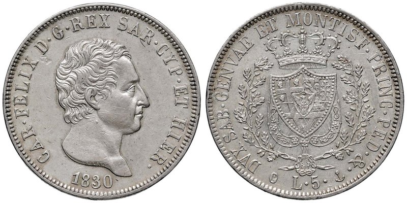 Carlo Felice (1821-1831) 5 Lire 1830 G - Nomisma 572 AG Minimo colpetto al bordo...