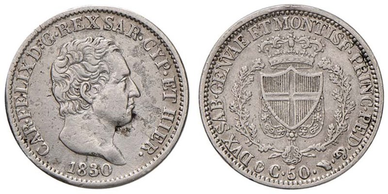 Carlo Felice (1821-1831) 50 Centesimi 1830 T (P) - Nomisma 609 AG RR Piccole scr...