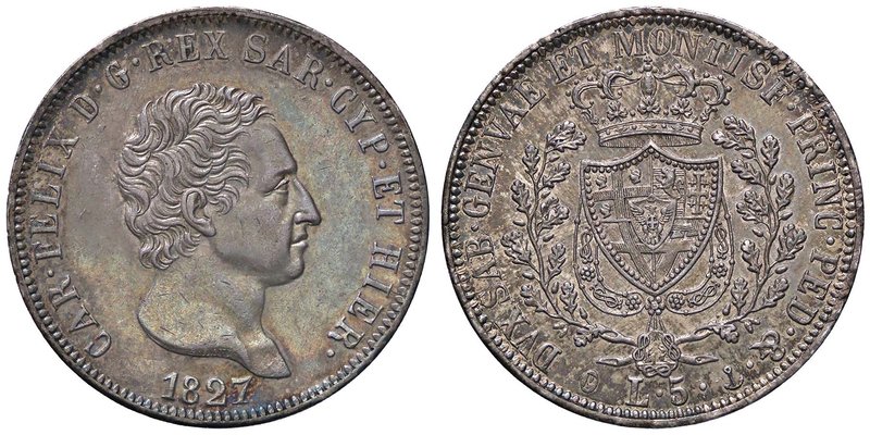 Carlo Felice (1821-1831) 5 Lire 1827 Genova - Nomisma 566 AG Bellissima patina i...