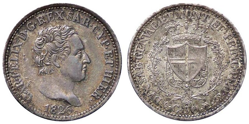 Carlo Felice (1821-1831) 50 Centesimi 1826 Genova - Nomisma 601 AG Bellissima pa...