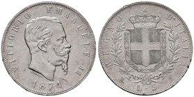 Vittorio Emanuele II (1861-1878) 5 Lire 1874 M - Nomisma 896 AG Colpetti al bordo
qFDC