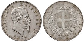 Vittorio Emanuele II (1861-1878) 5 Lire 1874 M - Nomisma 896 AG Colpetti al bordo
qFDC